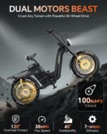 Vélo électrique TESWAY pour adultes – Double moteur 3600 W, batterie 52 V 60 Ah (autonomie jusqu'à 320 km), pneus « Fat » 20 pouces tout-terrain, suspension intégrale, freins hydrauliques. – Image 3